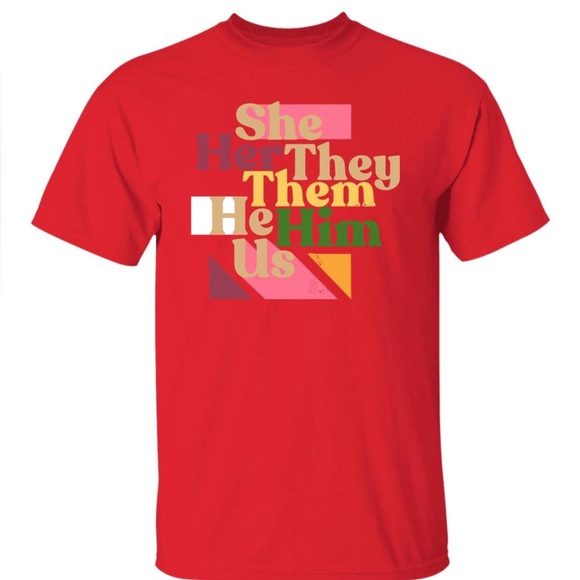 Take Pride Adult Tee Shirt - Pronouns Red size Small - Picture 1 of 3